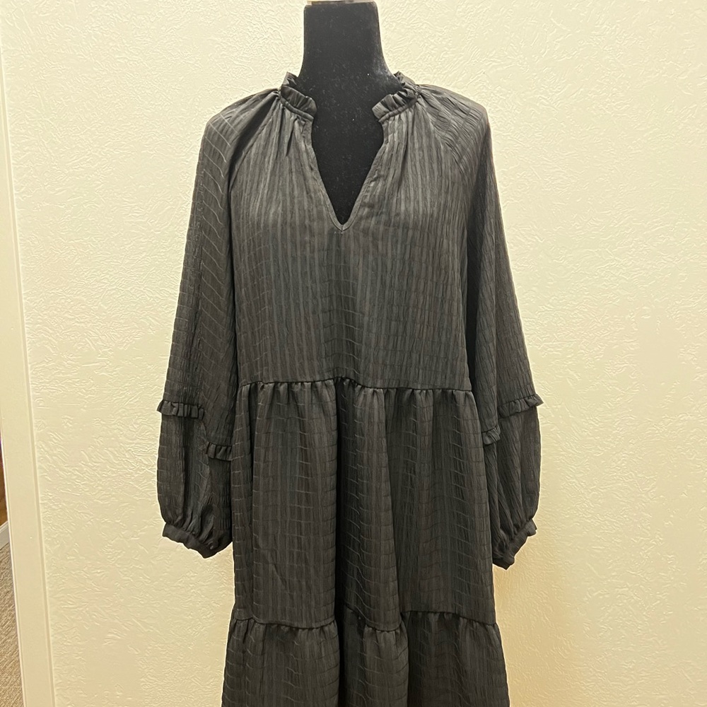 Anthropologie Charcoal Textured Long-Sleeve Tiered Maxi Dress